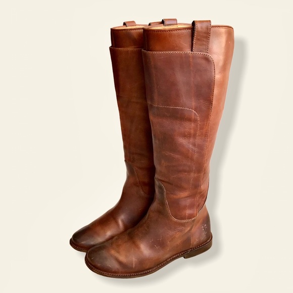 Frye Paige Cognac Knee-High Pull-On Leather Boots - Picture 14 of 16